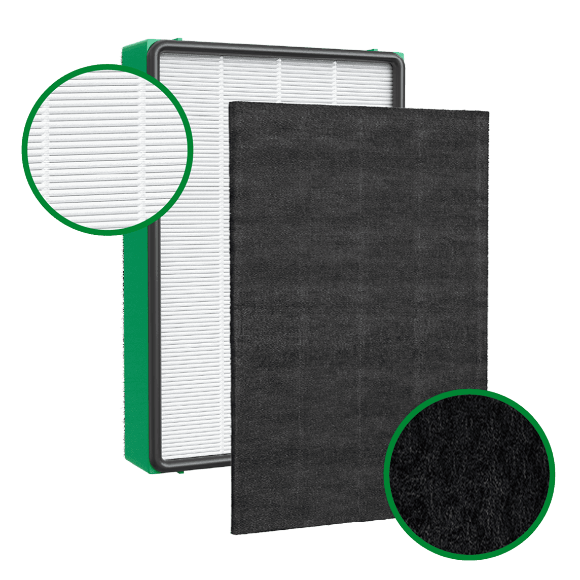 Cutaway of a combination filter showing the pleated main media beside the activated carbon layer