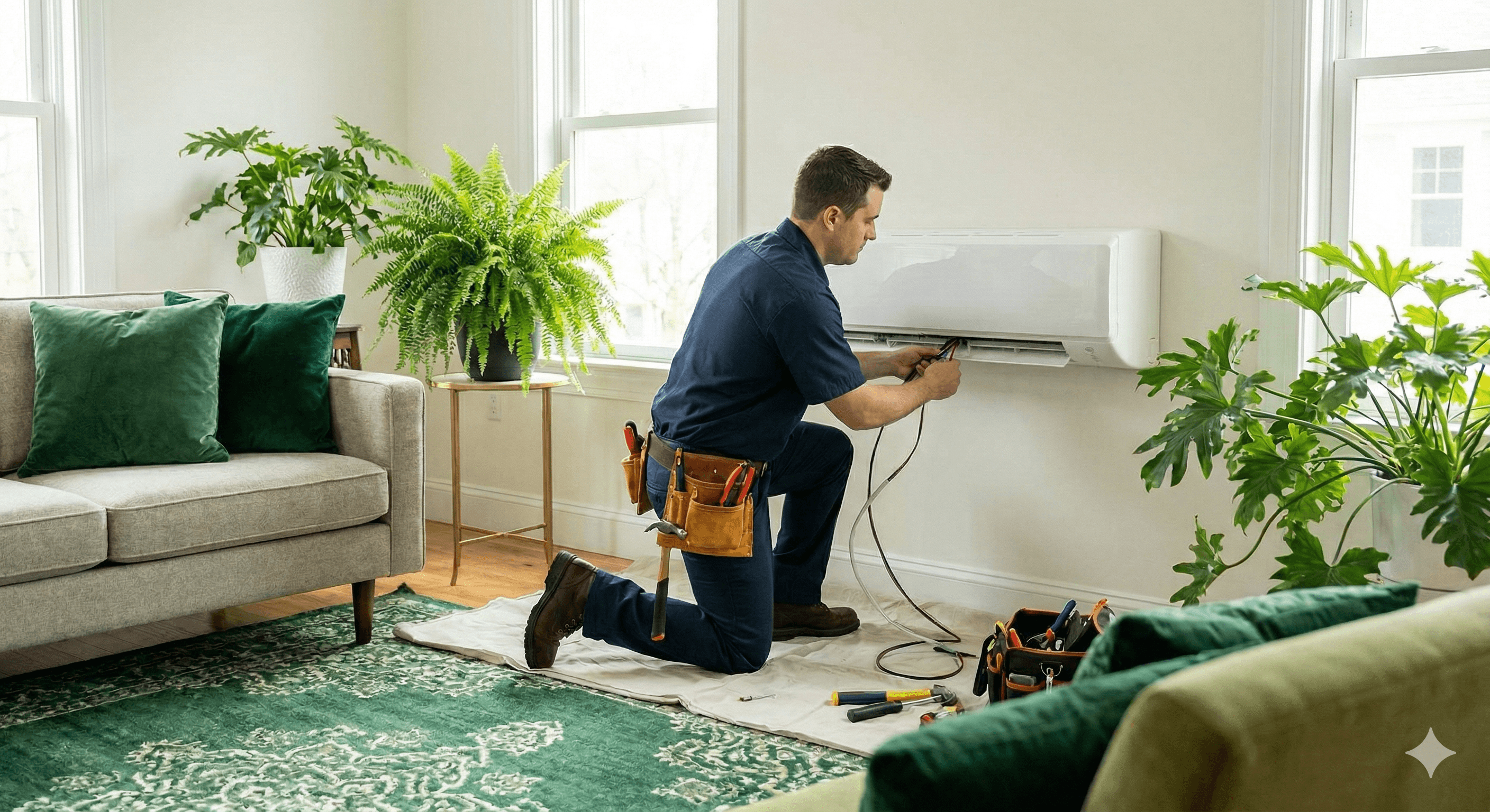 Licensed HVAC installer mounting a ductless mini split system