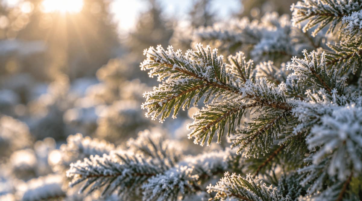Frost-covered pine branches glowing in morning sunlight, illustrating a frost advisory condition.