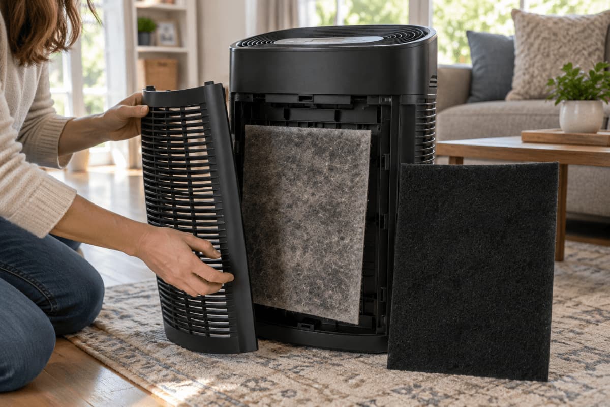 Removing a used carbon pre-filter from a Honeywell HPA300 air purifier beside a clean Filterbuy replacement