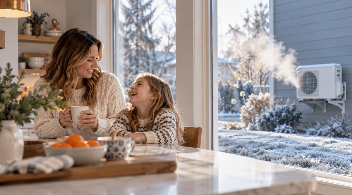 Parent and child on the table while white steam rise from a mini split outdoor unit during defrost on a frosty morning.