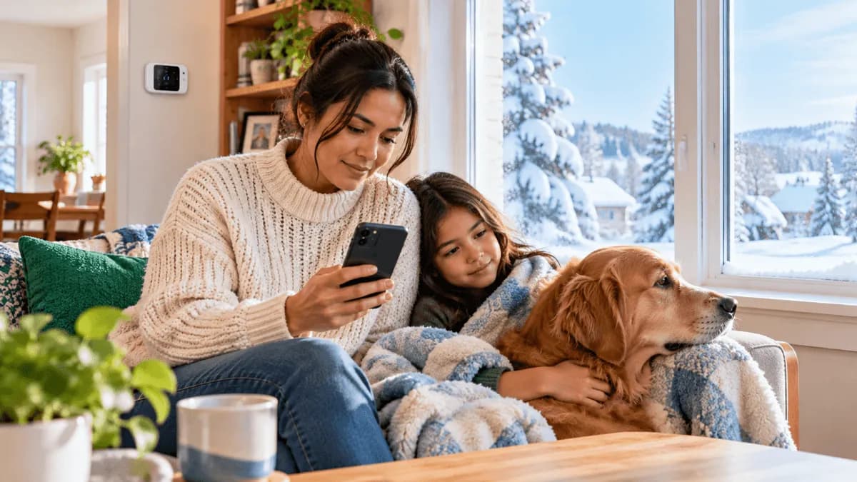 Parent checks an extreme cold warning on a phone while a child and dog watch snow from a warm living room window.