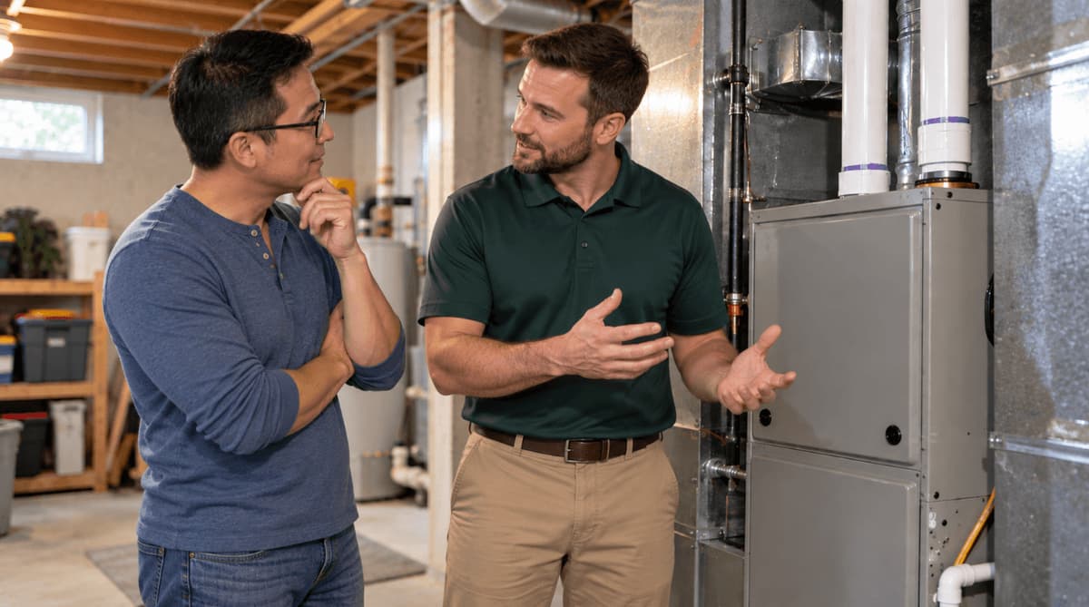 Homeowner and HVAC technician discussing where to install UV light in HVAC near a residential furnace.