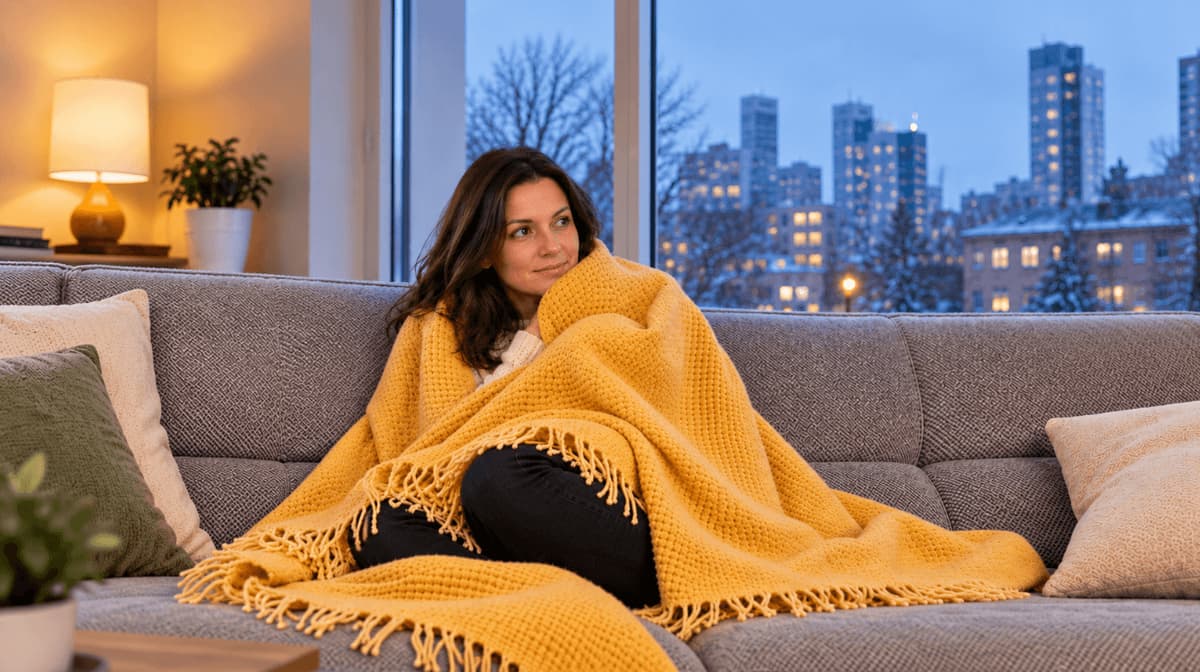 Woman wrapped in a yellow blanket on a sofa, staying warm indoors during a wind chill warning as snow covers the city outside.