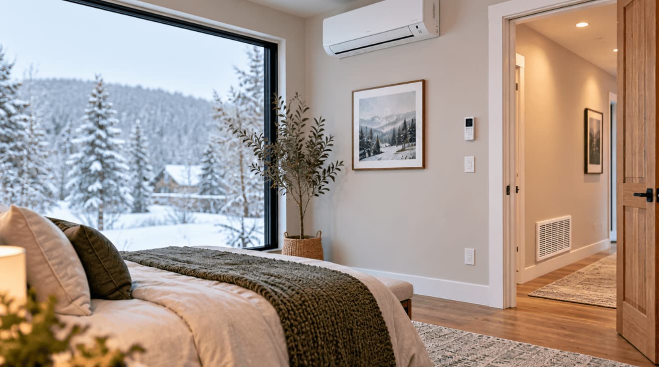 Ductless mini split heating a bonus room while a central furnace heats the rest of the home.