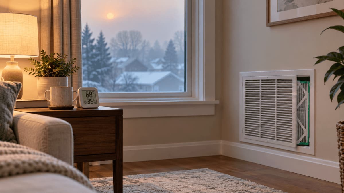 A winter living room with a hygrometer on a side table and hazy outdoor air visible through the window.