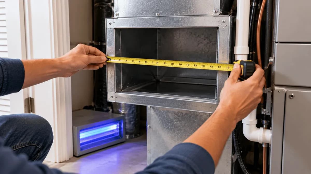 Tape measure held across a sheet-metal return plenum to check clearance for an HVAC UV light.