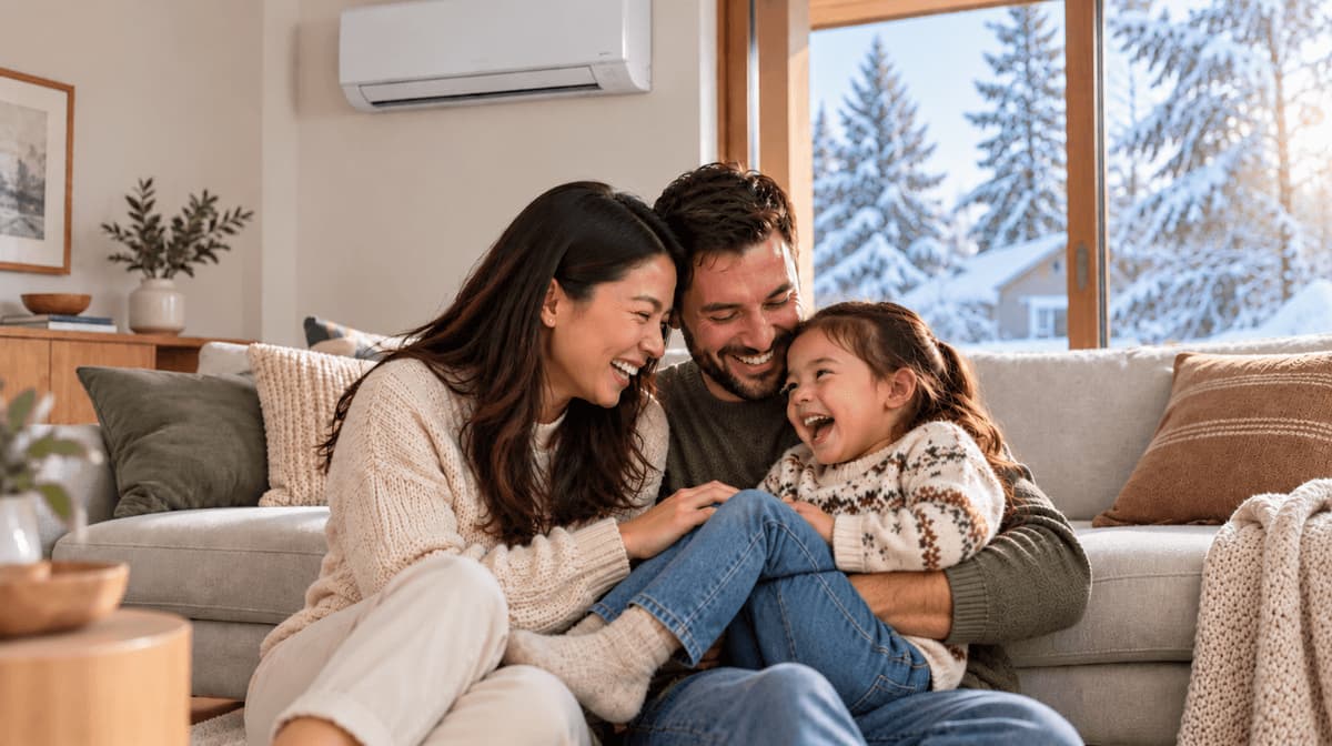  Family relaxing in a warm living room while a wall-mounted mini split heats the room on a snowy day.
