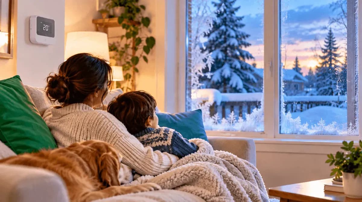 Family staying warm in a well-heated living room while frost and snow cover the window during a cold weather advisory.