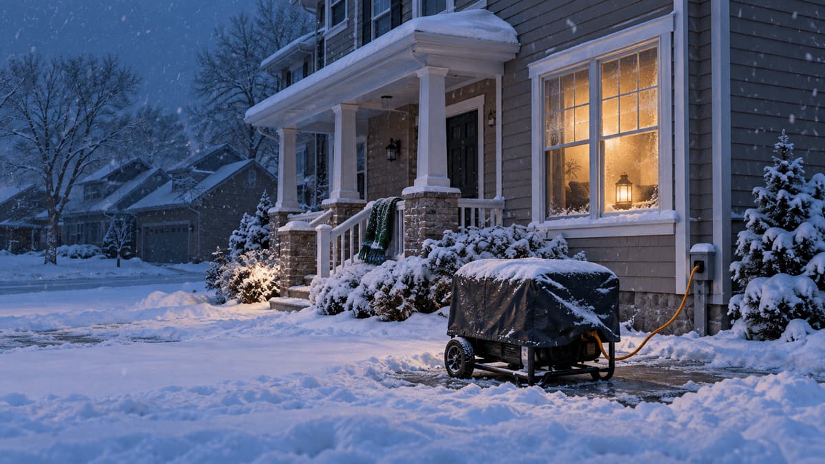Snow-covered suburban home during a winter power outage with a portable generator placed far from the house.