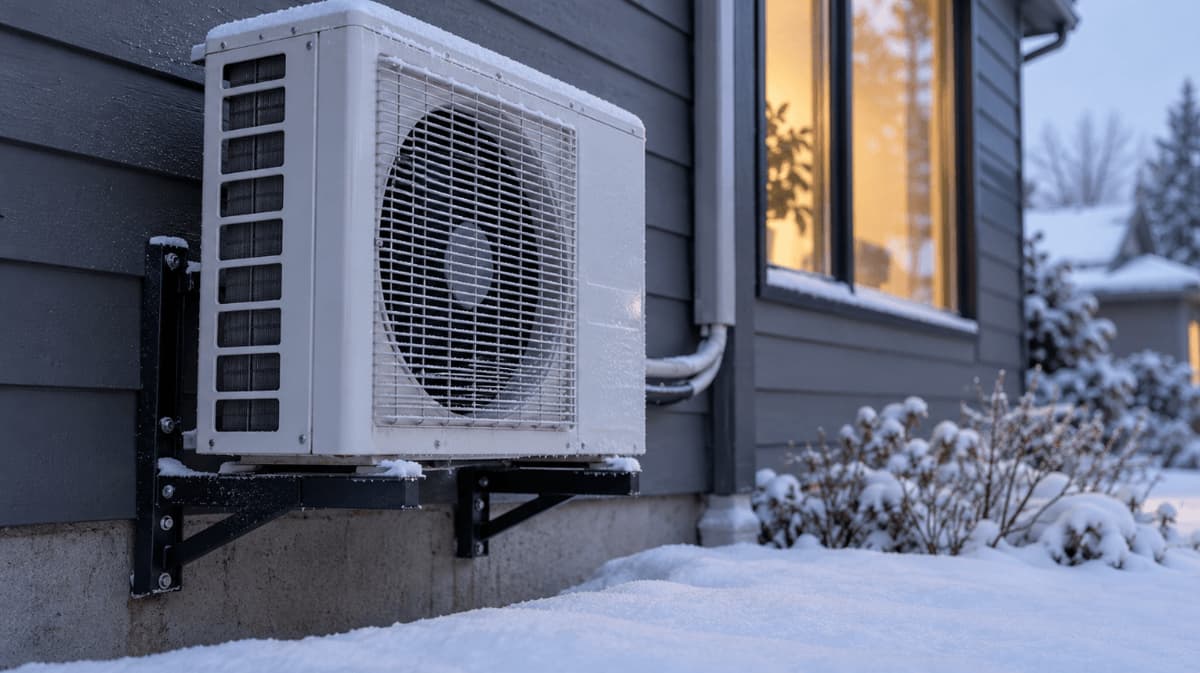 Ductless mini split outdoor unit mounted on a wall bracket above fresh snow outside a home on a clear winter morning