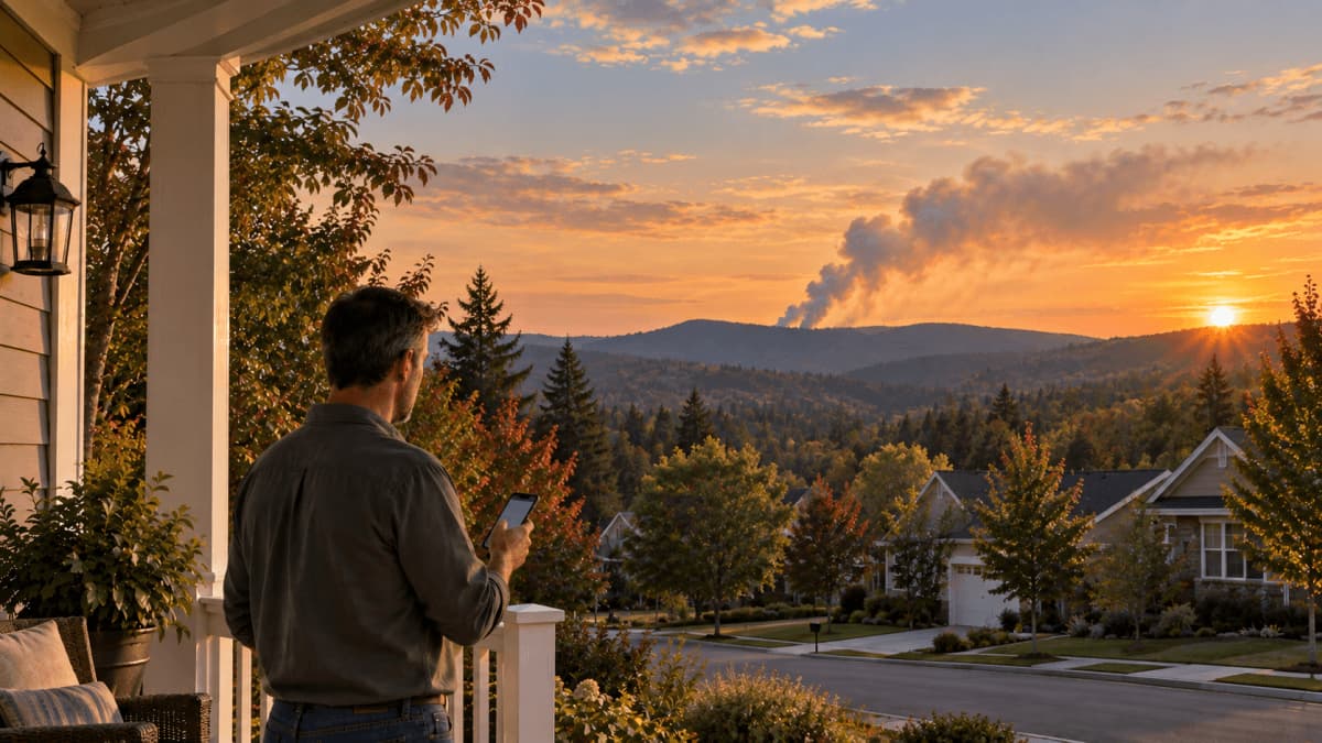 Homeowner checking a prescribed burn notice on a smartphone as light smoke rises from a forest beyond the neighborhood.