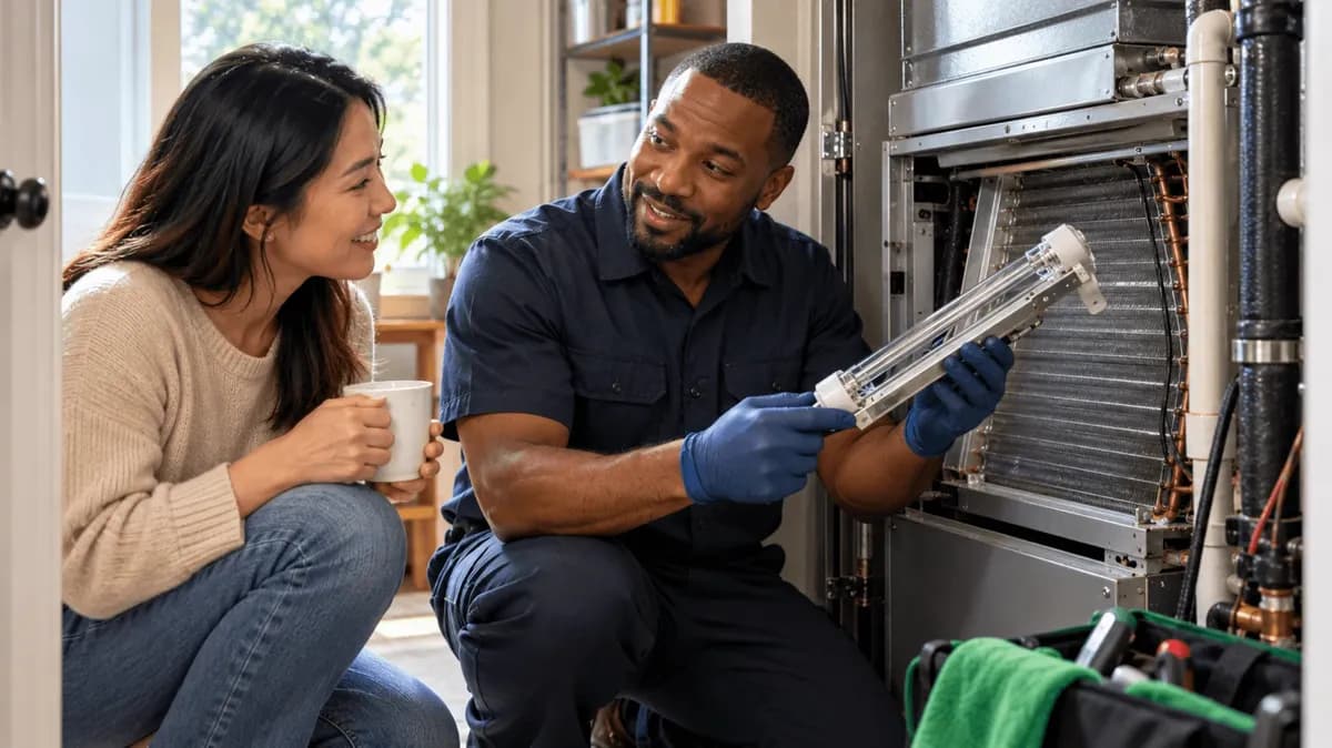 HVAC technician showing a homeowner a UV-C lamp beside an open air handler to explain how effective HVAC UV lights are.