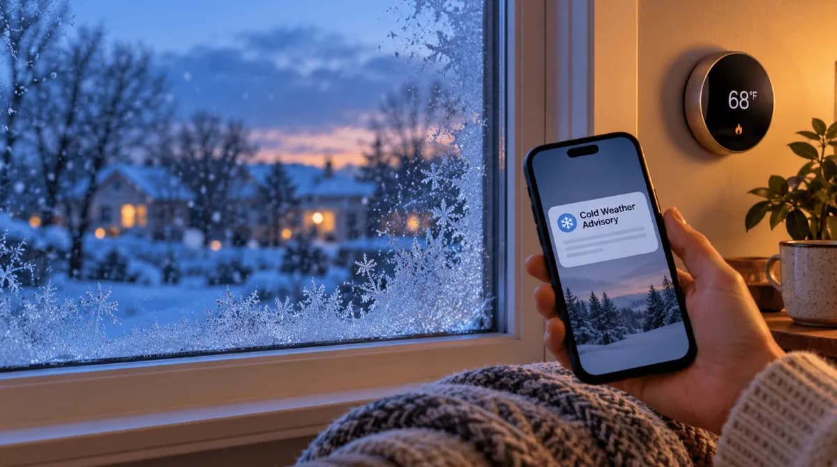 Frosted window with a phone showing a cold weather advisory alert beside a home thermostat set to 68°F.