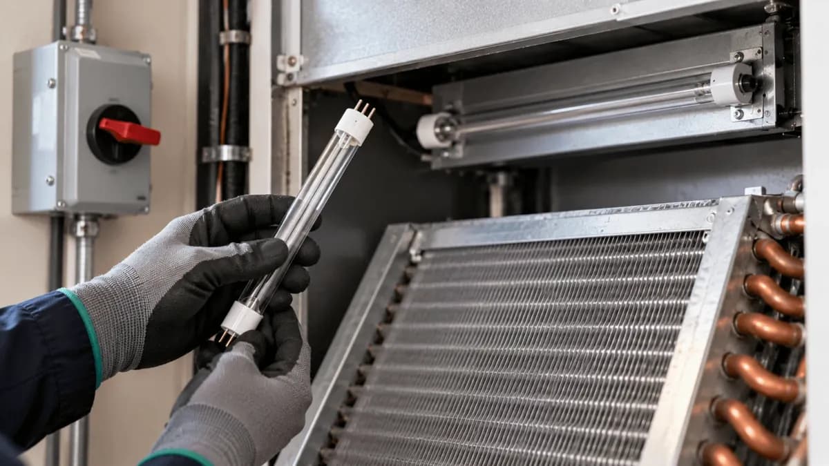 Gloved hands holding a replacement UV bulb by its base beside an HVAC air handler with power switched off.