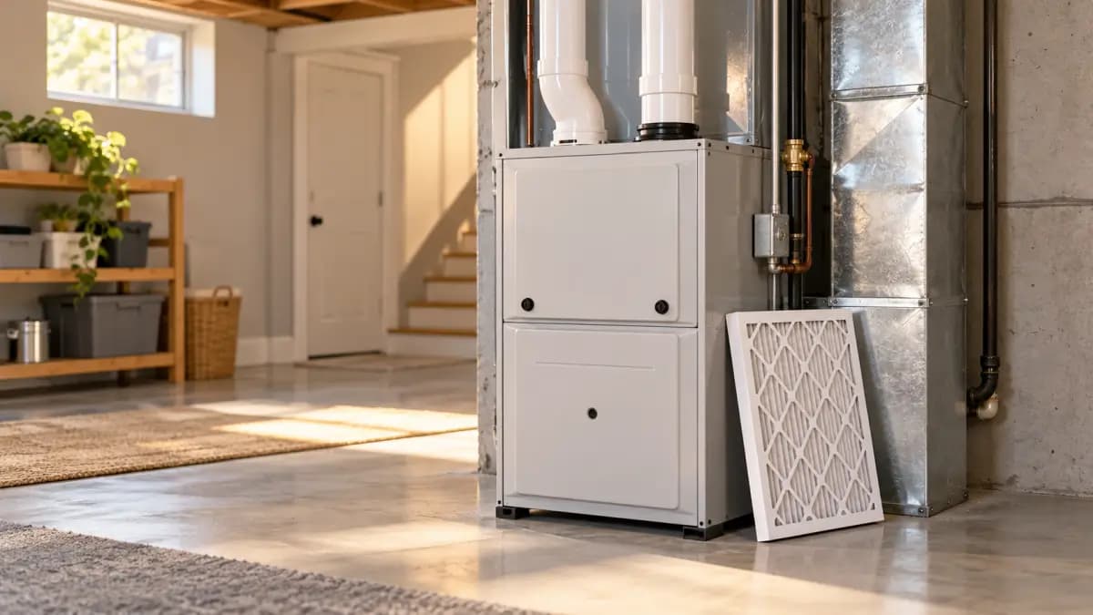 Modern high-efficiency gas furnace installed in a clean basement utility room with a fresh pleated air filter beside it.