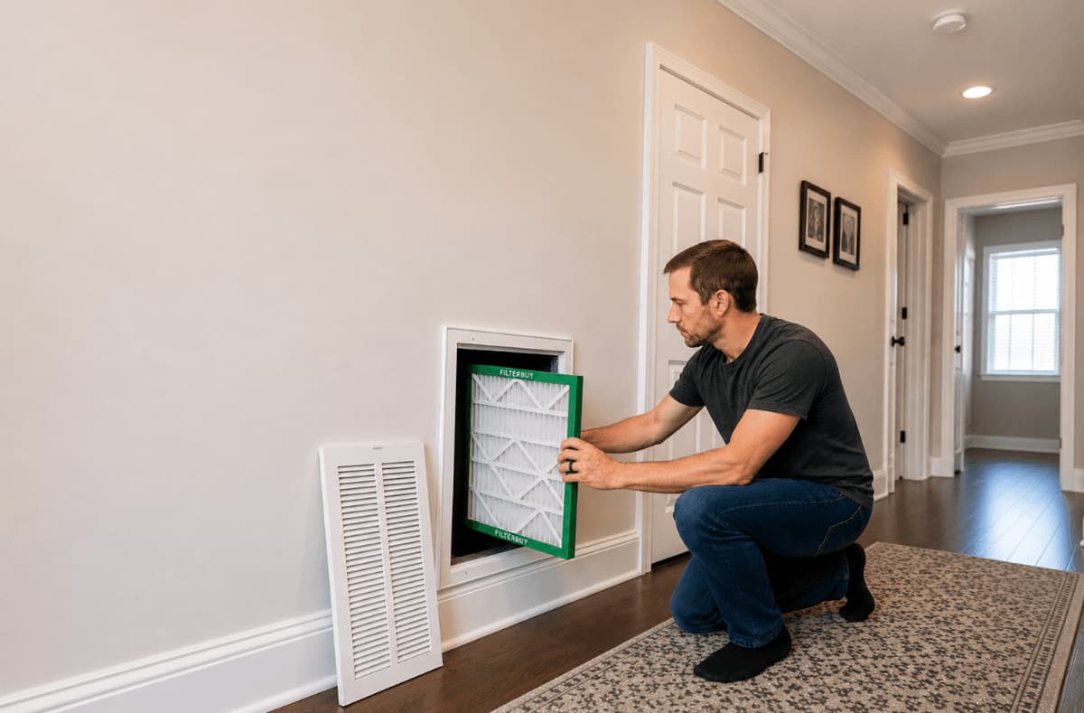 Man replacing air filter in ceiling HVAC unit, illustrating a quick guide on how to locate home air filters efficiently.