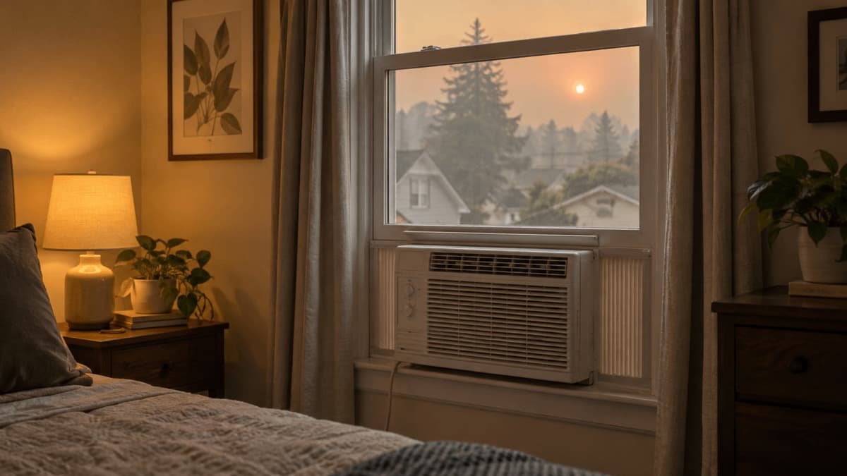 A window air conditioner installed in a bedroom window with wildfire smoke haze visible outside.