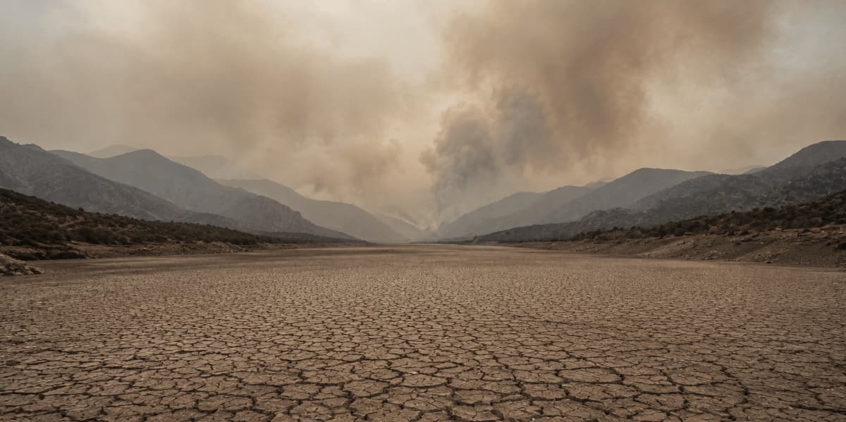 A view of drought-dried land and wildfire smoke illustrating how climate change can worsen outdoor air quality and increase airborne pollution. 