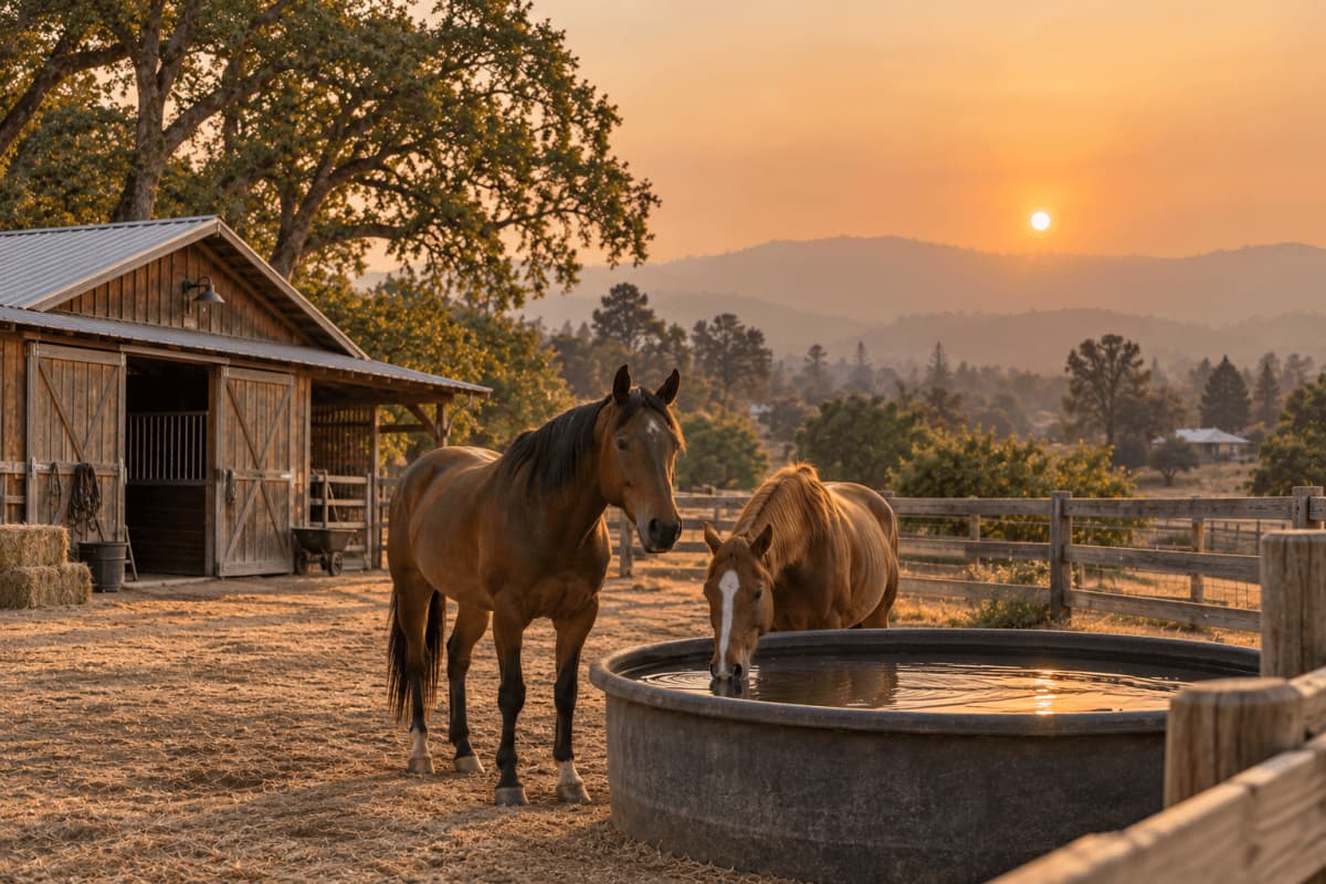 Two horses resting in a shaded paddock near a water trough under a hazy wildfire-smoke sky