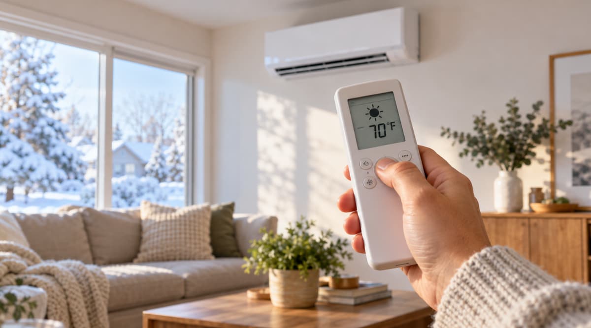 Hand holding a mini split remote set to heat mode, with the sun symbol on the display, aimed at a wall-mounted ductless unit in a winter living room.
