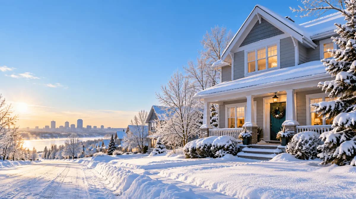 Snow-covered homes on a quiet street in one of the coldest cities in the US on a clear winter morning.