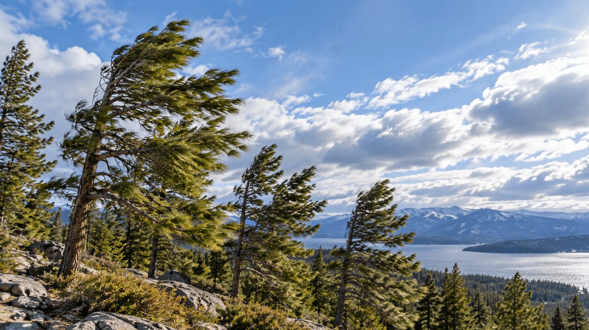 Tall pine trees bending in strong winds above a mountain lake, highlighting severe weather risks and the importance of a winter storm preparedness checklist.