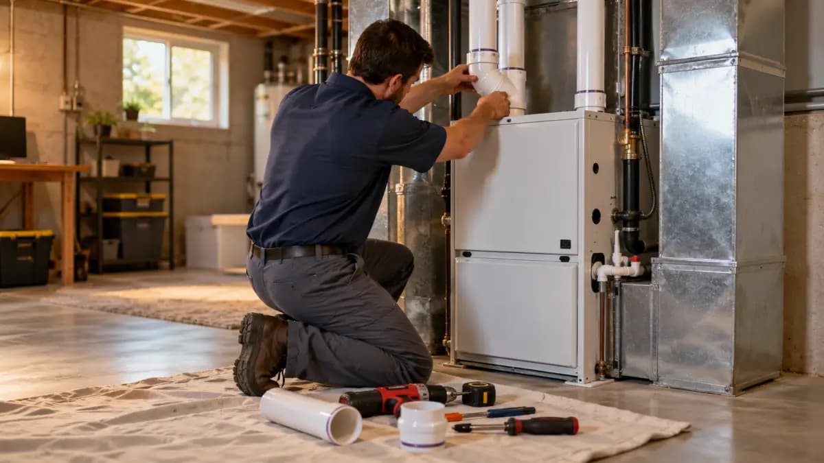 HVAC technician connecting the vent pipe on a new high-efficiency gas furnace in a residential basement
