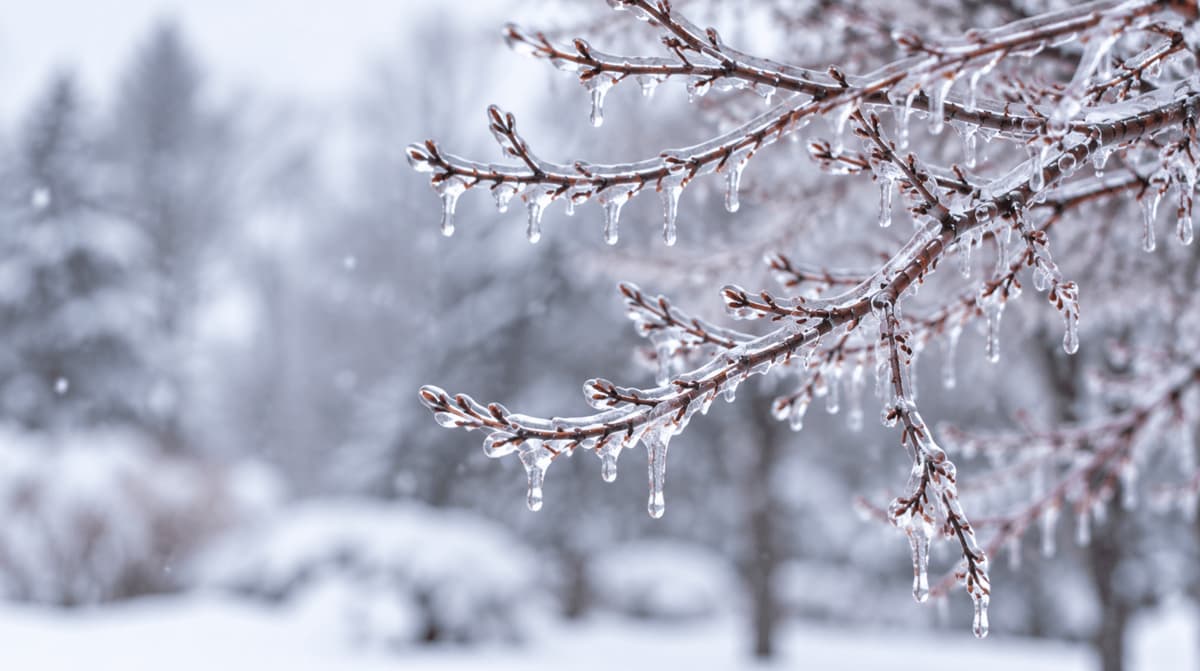 Ice-covered tree branches with hanging icicles during an ice storm warning, with a snowy winter landscape in the background.