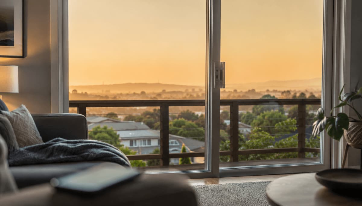 Hazy orange sky seen from inside a home on a day when the AQI reached 150.
