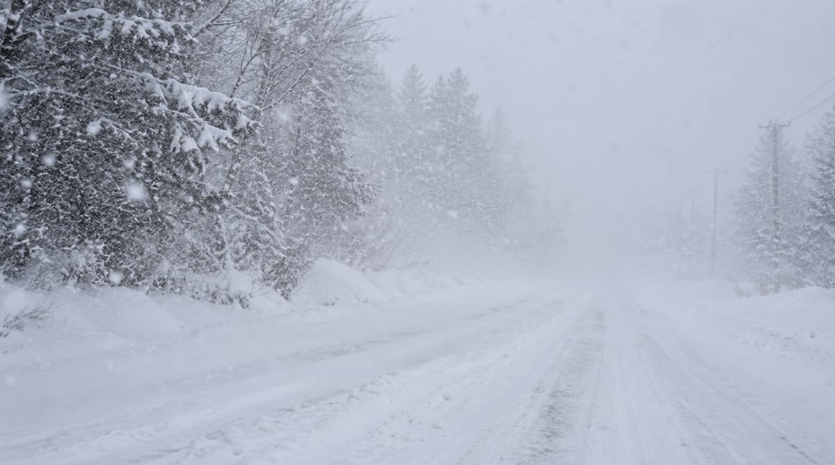 Snow-covered road with low visibility during severe winter weather, comparing a blizzard warning vs winter storm warning.