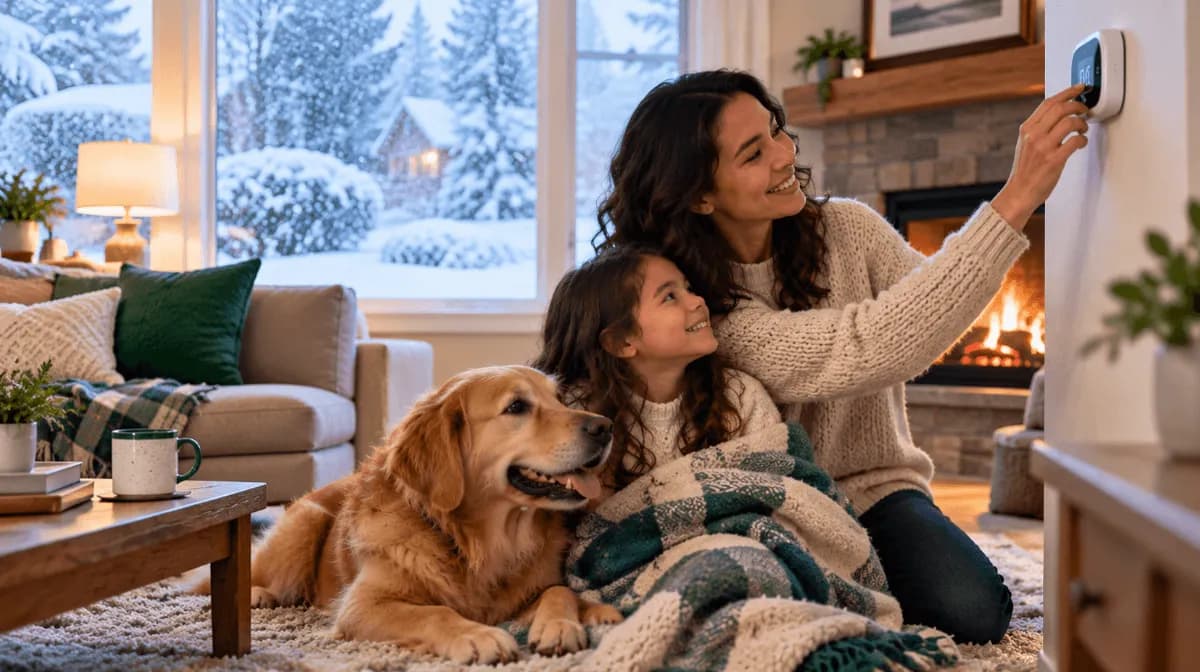 Family staying warm indoors during a wind chill advisory while a parent checks the thermostat.