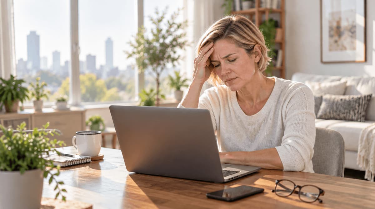 A person at a home desk beside a window, with hazy outdoor air visible outside.