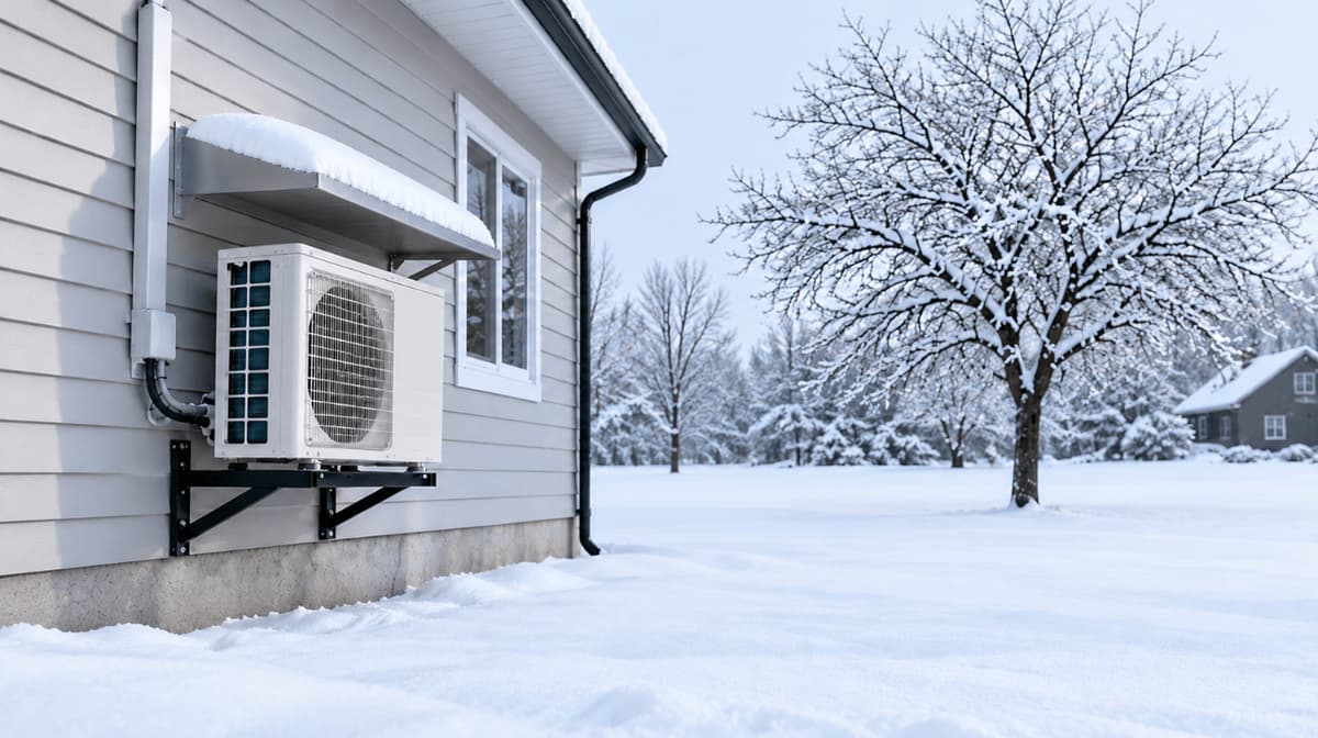 Mini split outdoor unit on a wall bracket held well above deep snow beside a house.
