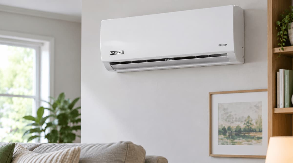 Wall-mounted ductless mini split indoor unit with an illuminated indicator light.