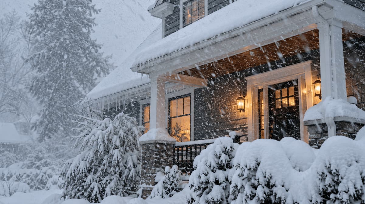 Suburban home during a heavy snowstorm at dusk, with lit windows.