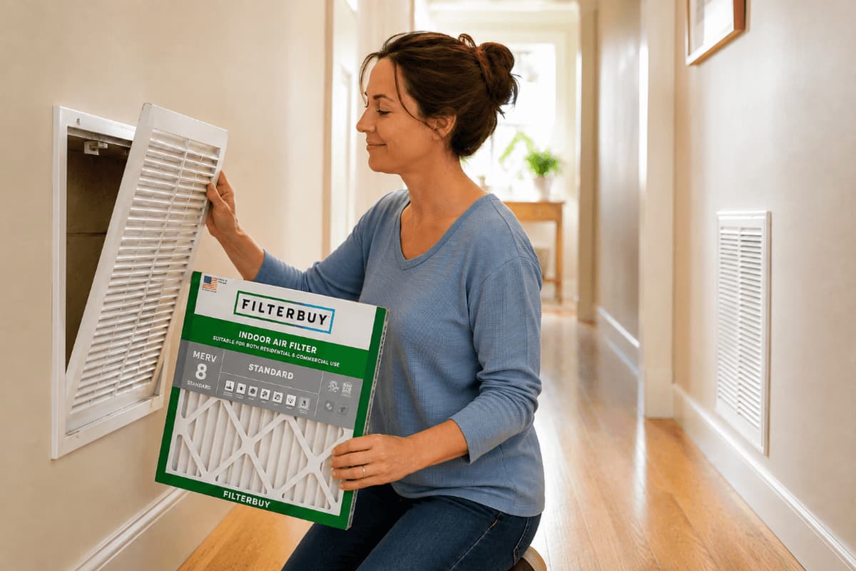 Homeowner opening a hinged return air grille to replace one of two air filters in her home.