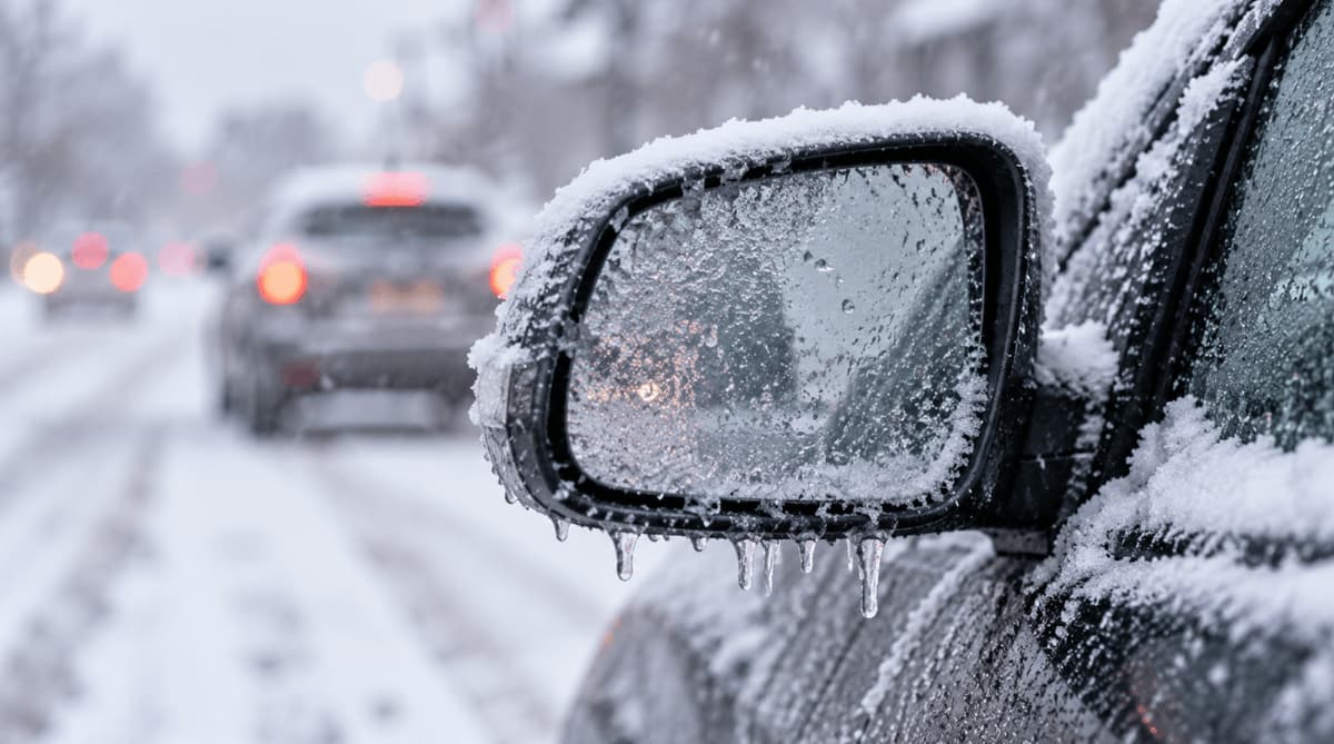 Ice-covered car side mirror with hanging icicles and snowy road traffic during a freeze warning.