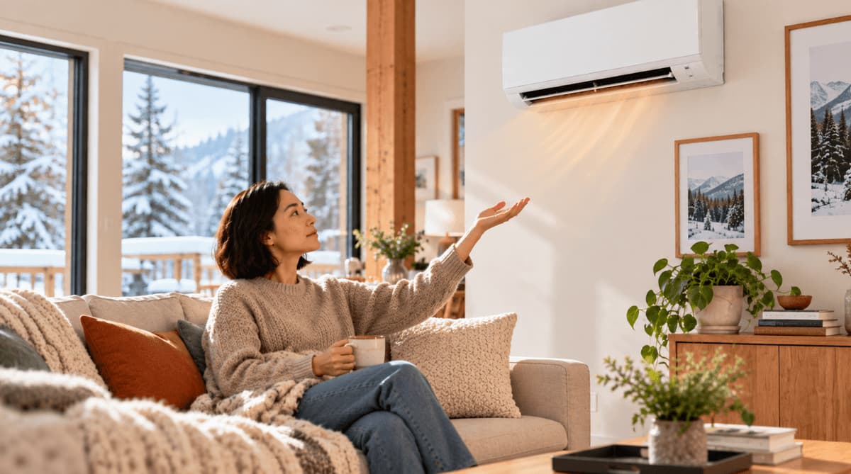 Homeowner feeling the air from a wall-mounted mini split in heat mode on a winter morning.