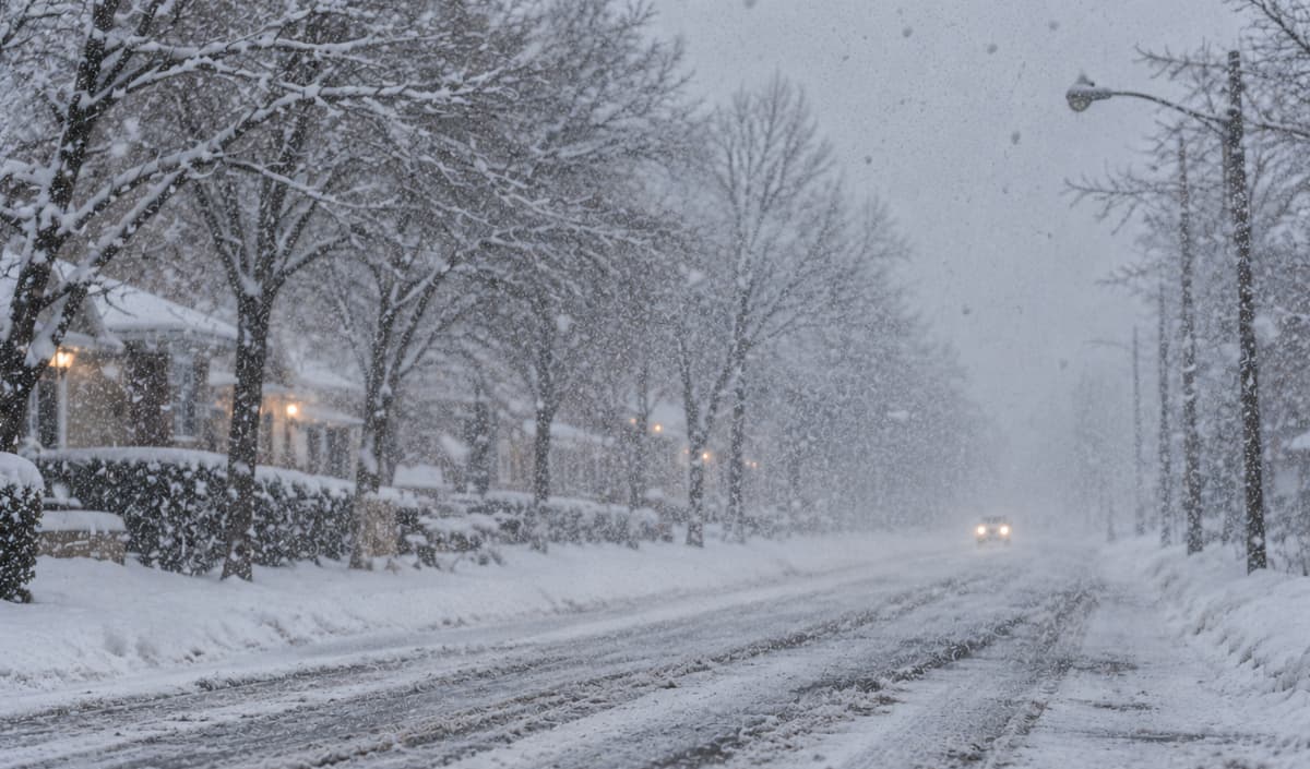 Heavy snow falls on a residential road with low visibility during a winter storm warning.