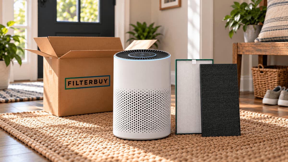 Filterbuy air purifier replacement filters delivered in a shipping box at a home entryway. 