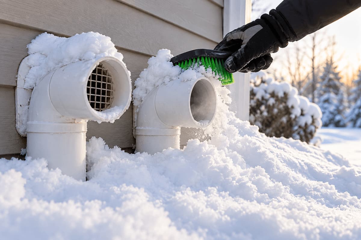 Two white PVC furnace vent pipes on a home's exterior wall, partly buried by a snowdrift, with a gloved hand brushing snow away from the openings.