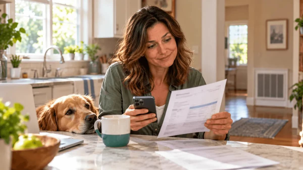 Homeowner checking an electric bill at the kitchen counter while estimating what an HVAC UV light costs to run.