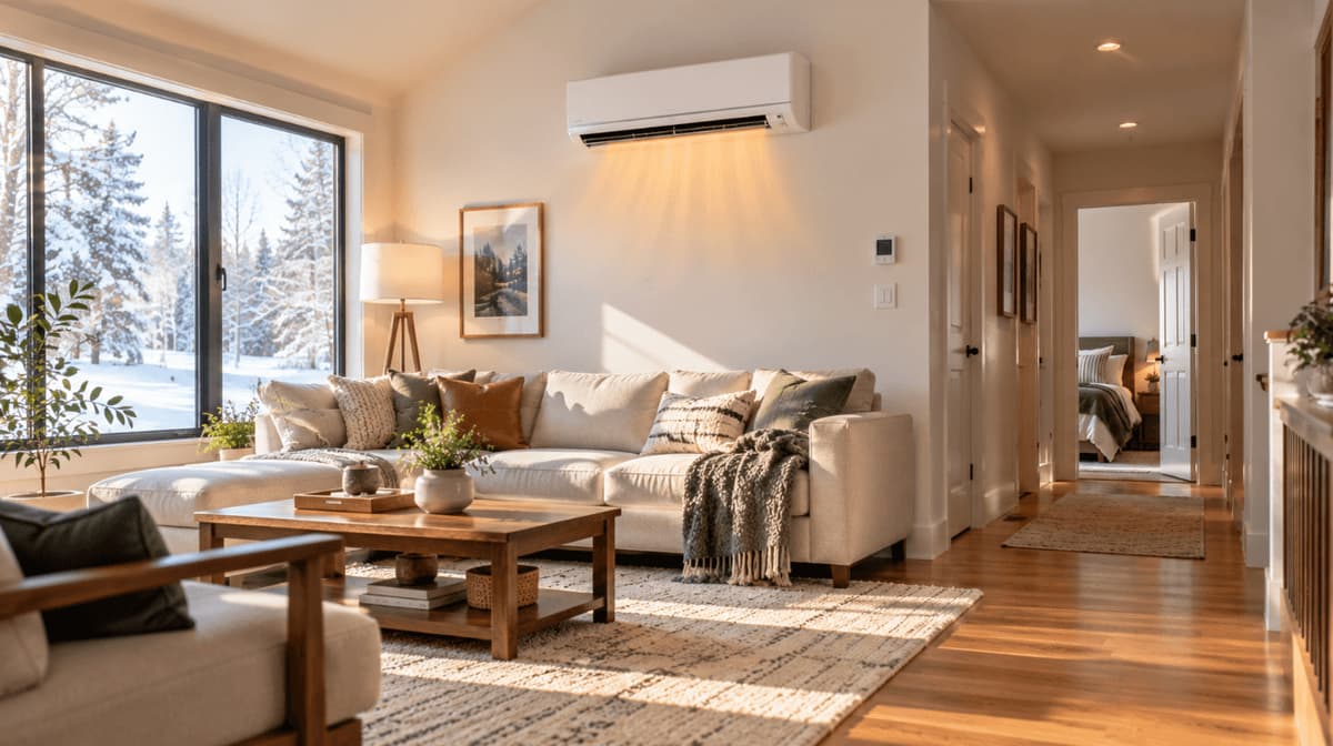 Wall-mounted ductless mini split heating an open living room on a snowy day, with a hallway leading to a closed bedroom door.