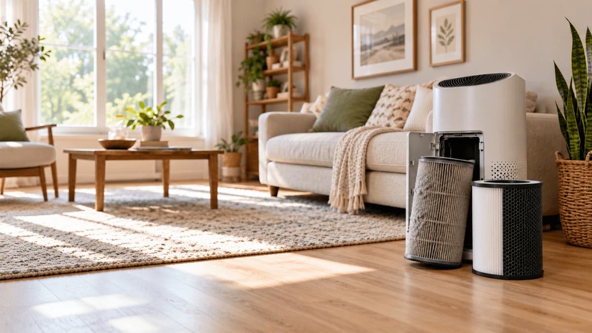 A GermGuardian tower purifier with its filter door open, a dust-loaded combination filter half withdrawn beside a clean replacement.