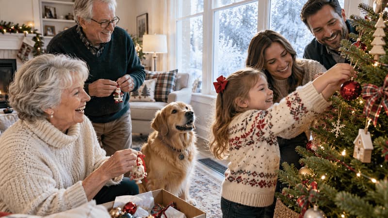 Family decorating a live Christmas tree near a heating vent in a bright living room on a winter day.