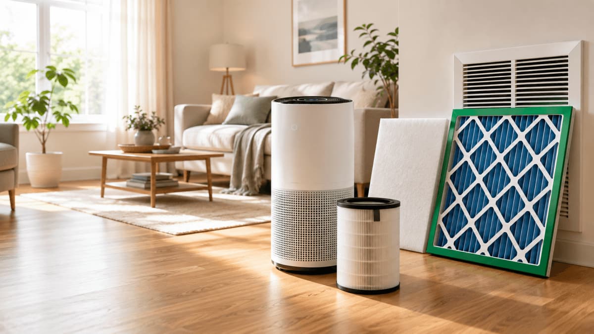 Portable air purifier with replacement cartridge, whole-house air cleaner pad, and MERV 13 HVAC filter in a bright living room.