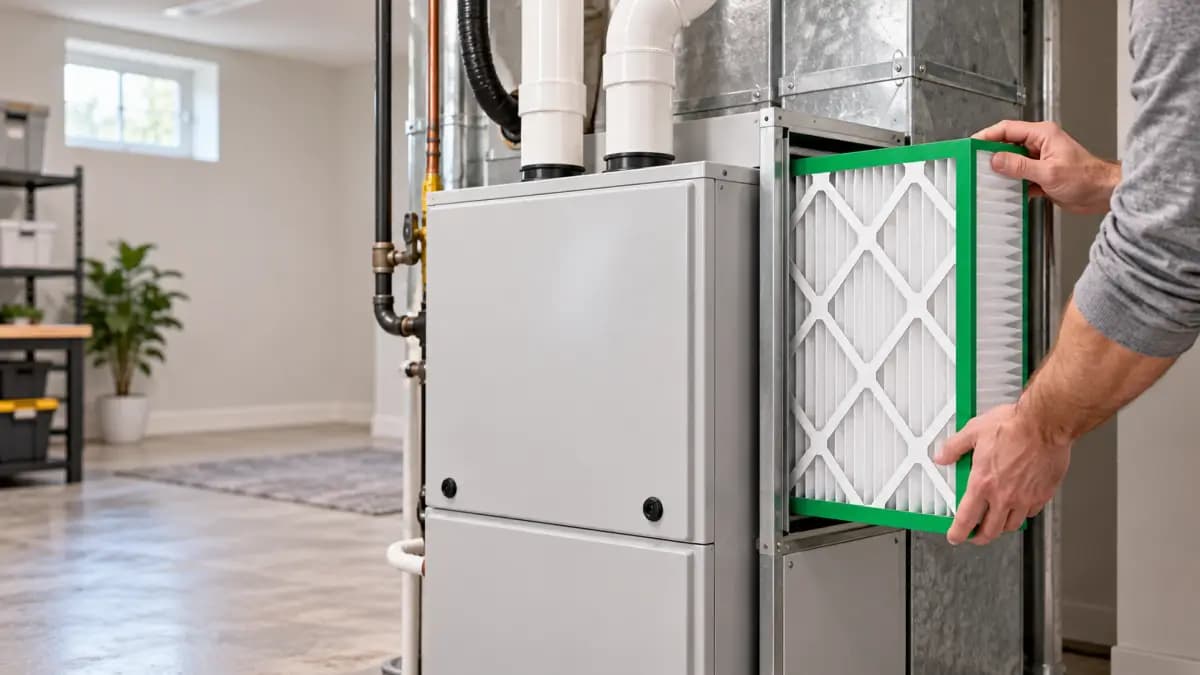 Homeowner sliding a pleated air filter into the media filter cabinet of a high-efficiency gas furnace in a clean basement utility room