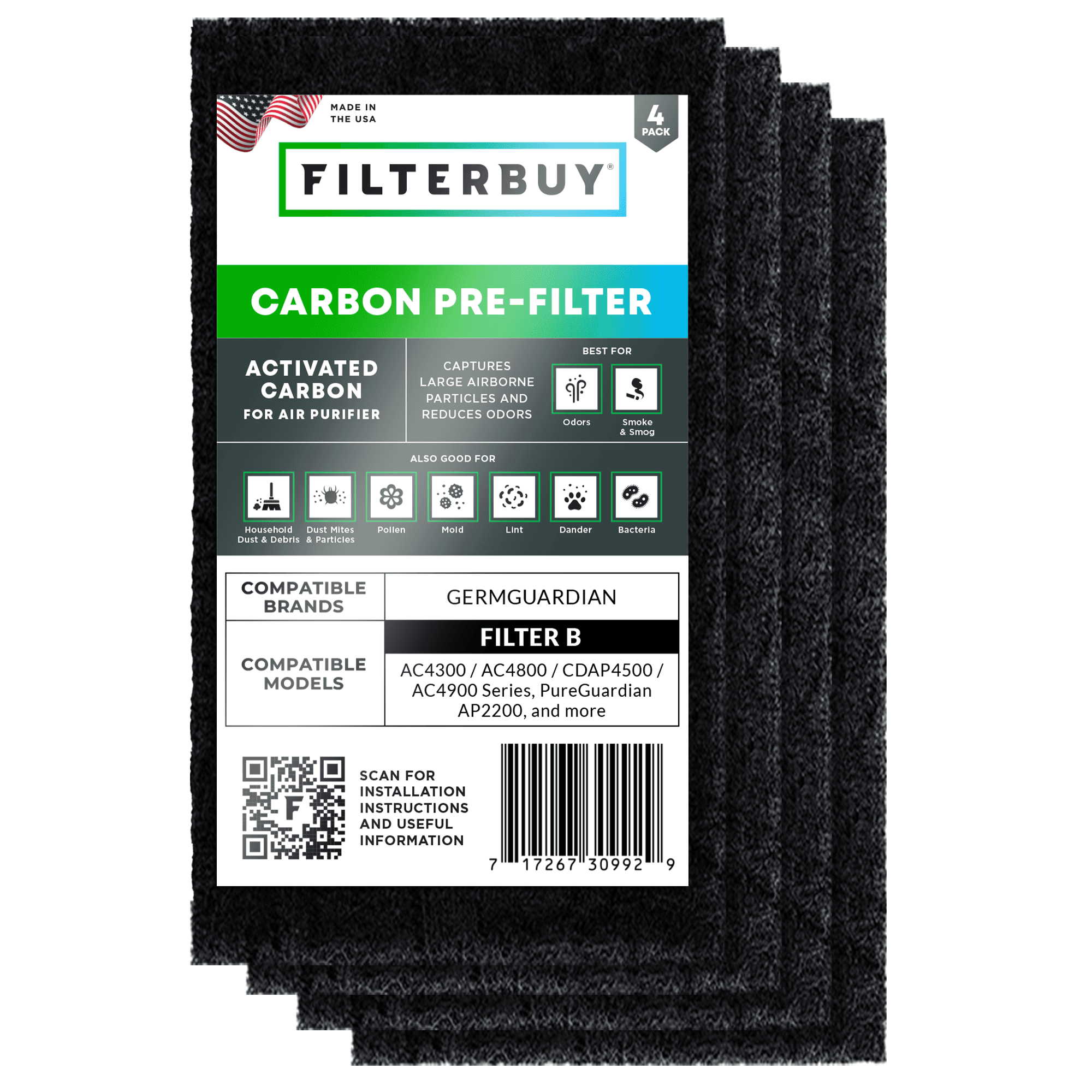 Activated Carbon Pre-Cut Pre-Filter — Replacement for GermGuardian Filter B (4-Pack, Made in USA) - 1 Quantity