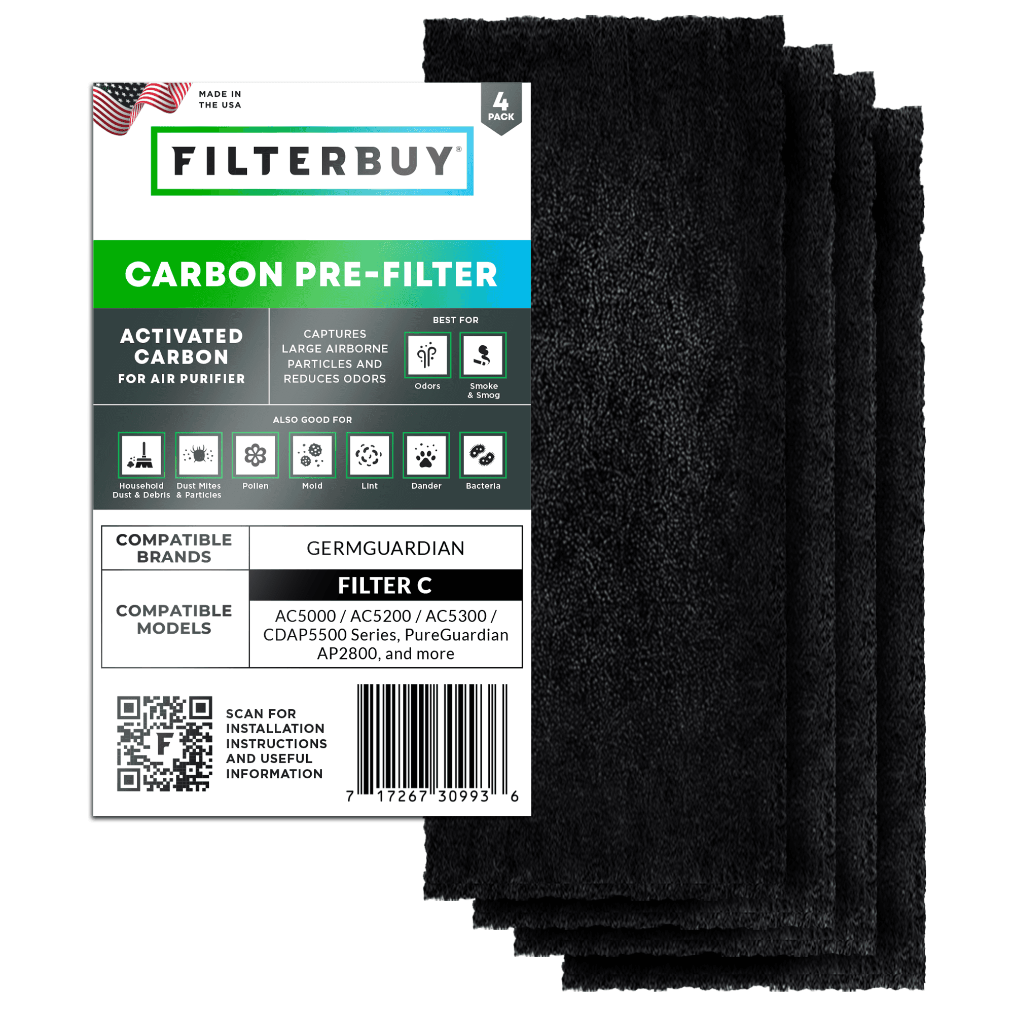 Activated Carbon Pre-Cut Pre-Filter — Replacement for GermGuardian Filter C (4-Pack, Made in USA) - 1 Quantity